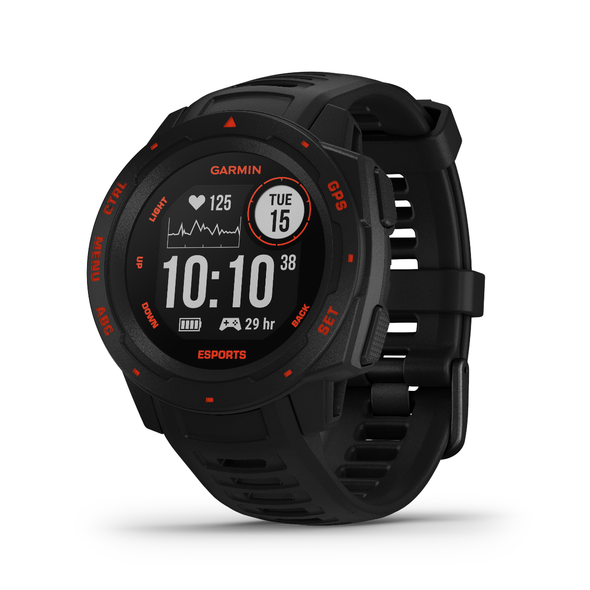 Garmin Instinct Esports Edition smartwatch, Black Lava, with rugged black case and red accents