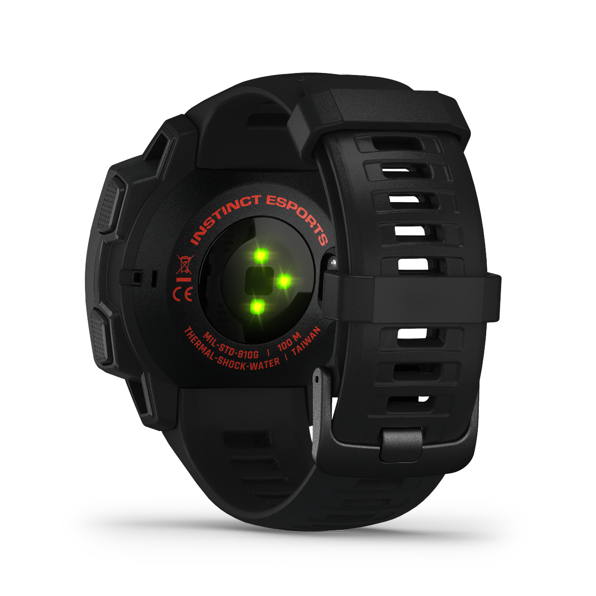 Garmin Instinct Esports Edition watch, Black Lava, rear view with green LED sensors.