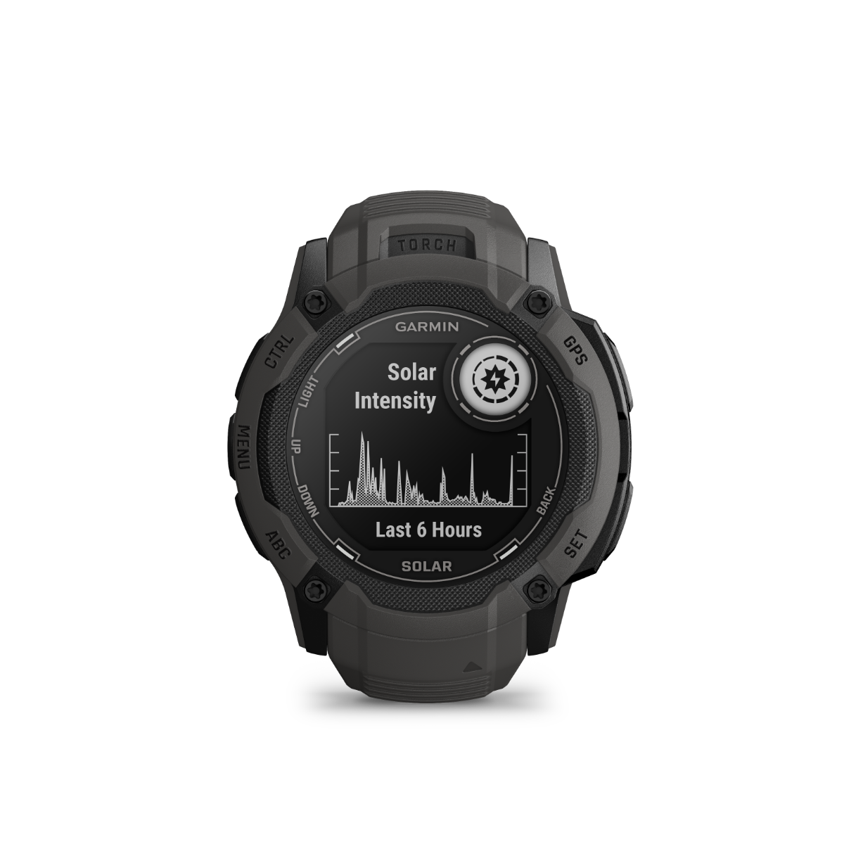 Garmin Instinct 2X Solar smartwatch in graphite with rugged bezel and solar intensity display
