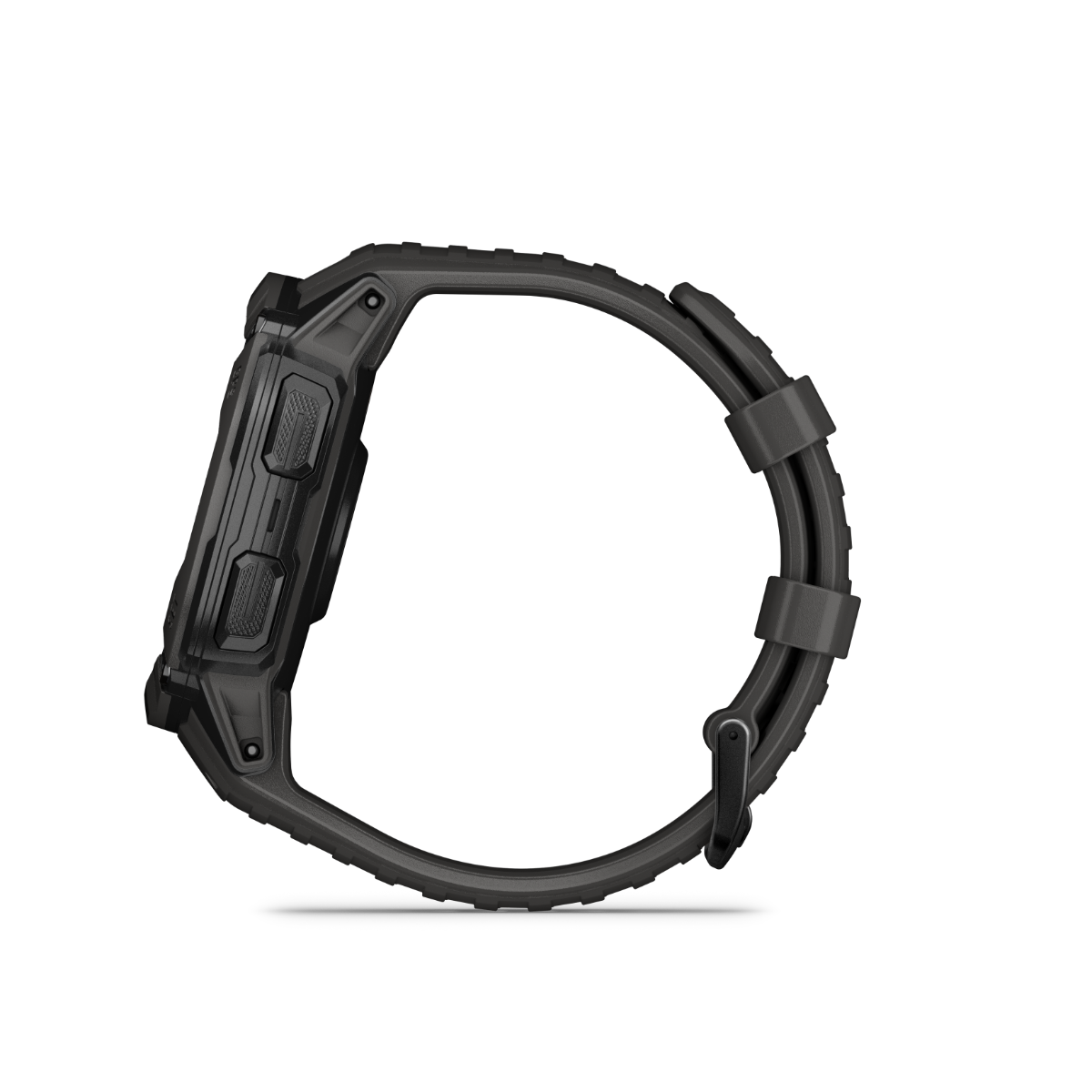 Garmin Instinct 2X Solar smartwatch, graphite, rugged GPS watch with large side buttons, side-profile view
