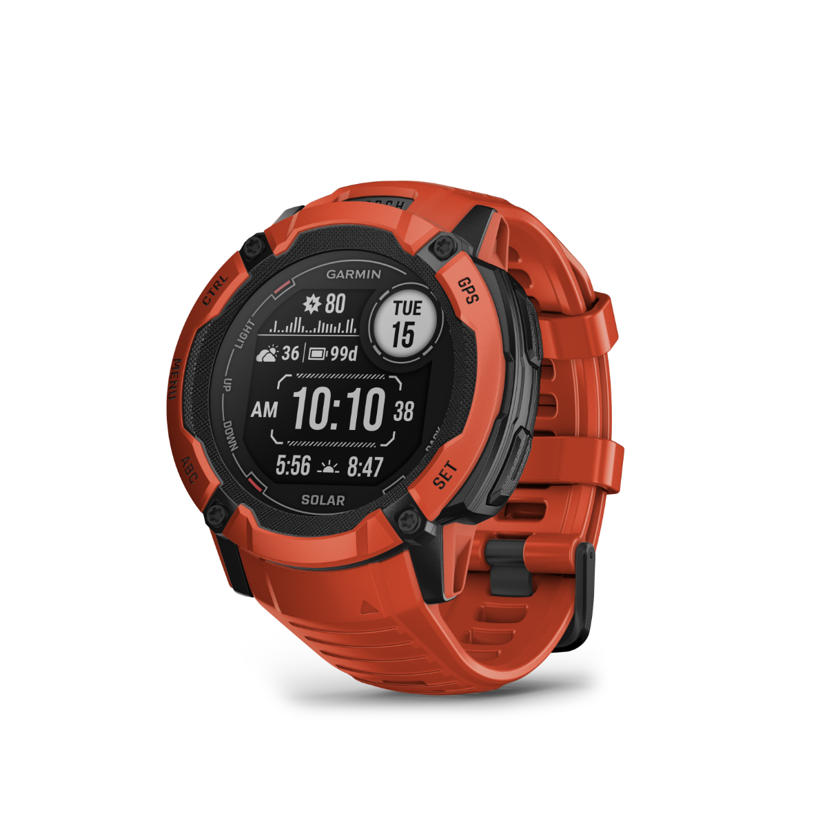 Garmin Instinct 2X Solar rugged GPS smartwatch in Flame Red with built-in flashlight and multi-band GNSS