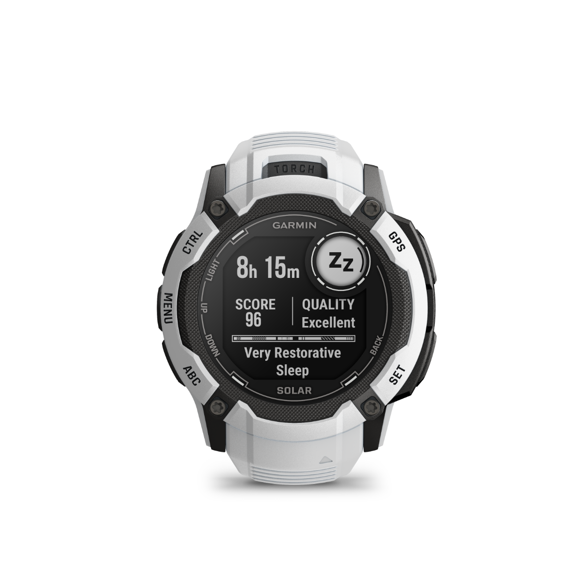 Garmin Instinct 2X Solar smartwatch in Whitestone with white strap and rugged bezel.