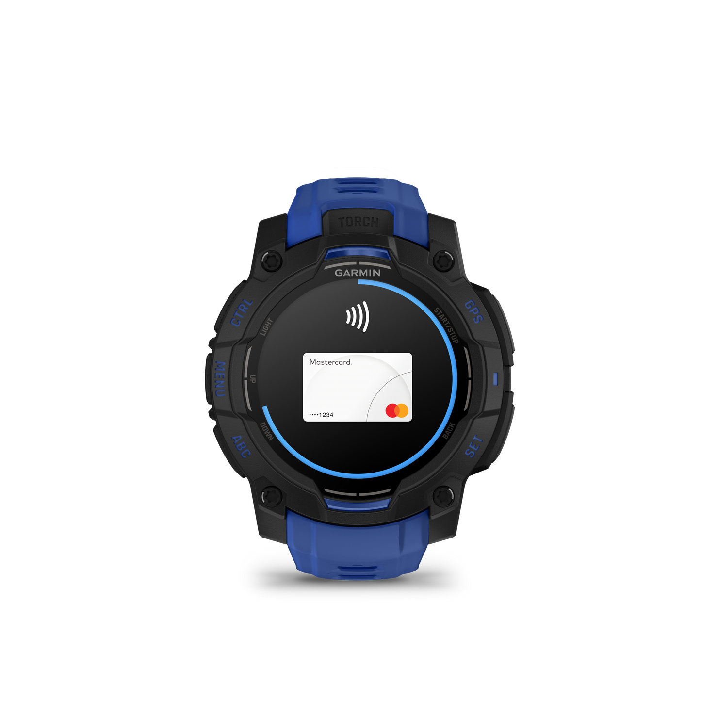 Garmin Instinct 3 smartwatch, 45mm AMOLED, black body with bolt blue/black band.