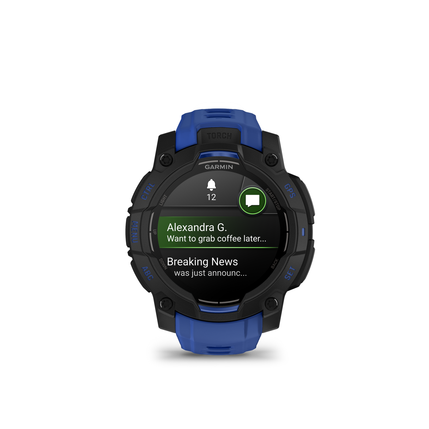 Garmin Instinct 3 AMOLED 45mm smartwatch with black bezel and bolt-blue band