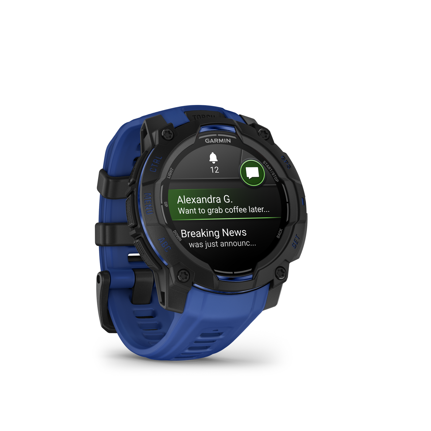 Garmin Instinct 3 AMOLED 45mm smartwatch, black bezel with bolt blue/black band