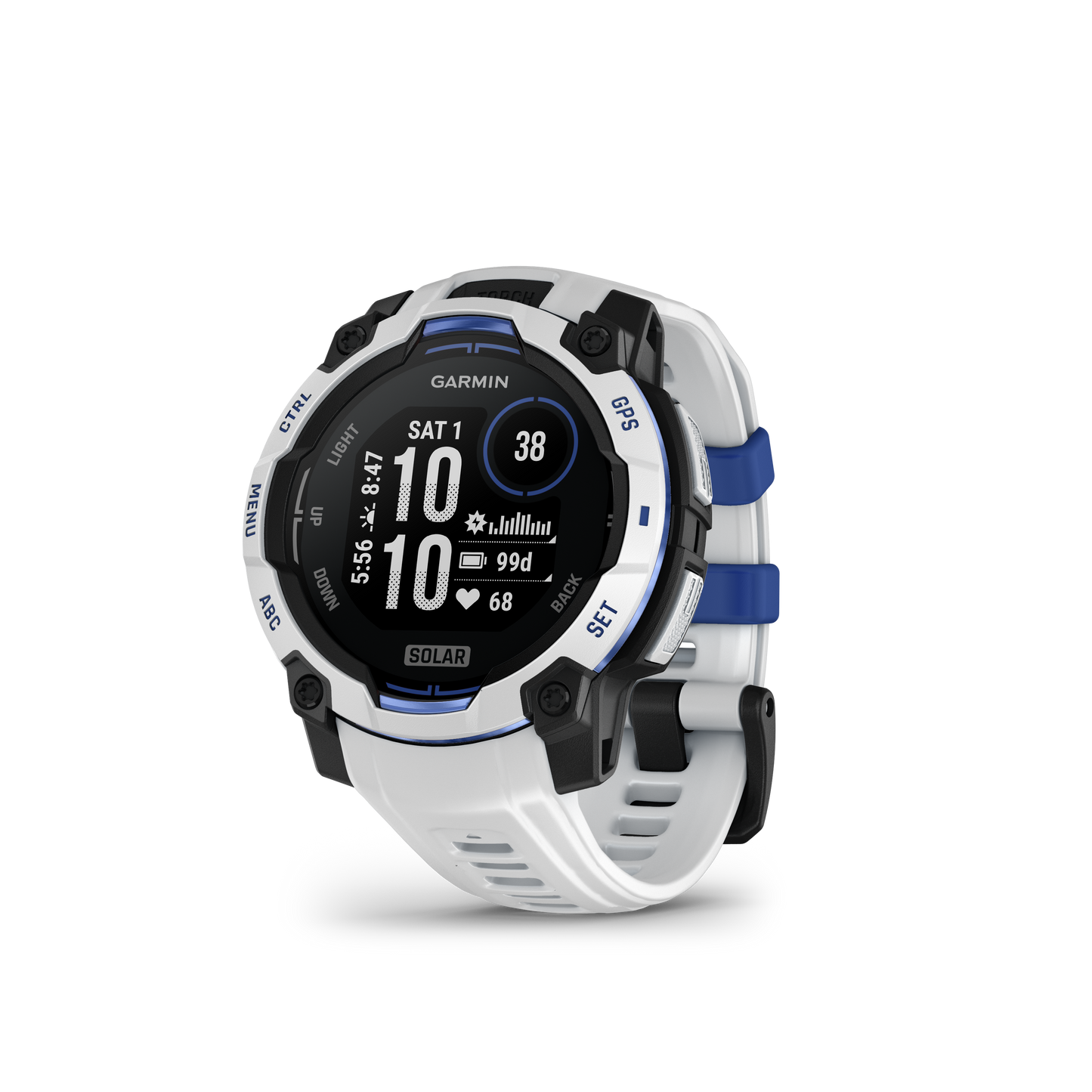 Garmin Instinct 3 smartwatch with Whitestone case and bolt blue band, white strap, AMOLED GPS display.