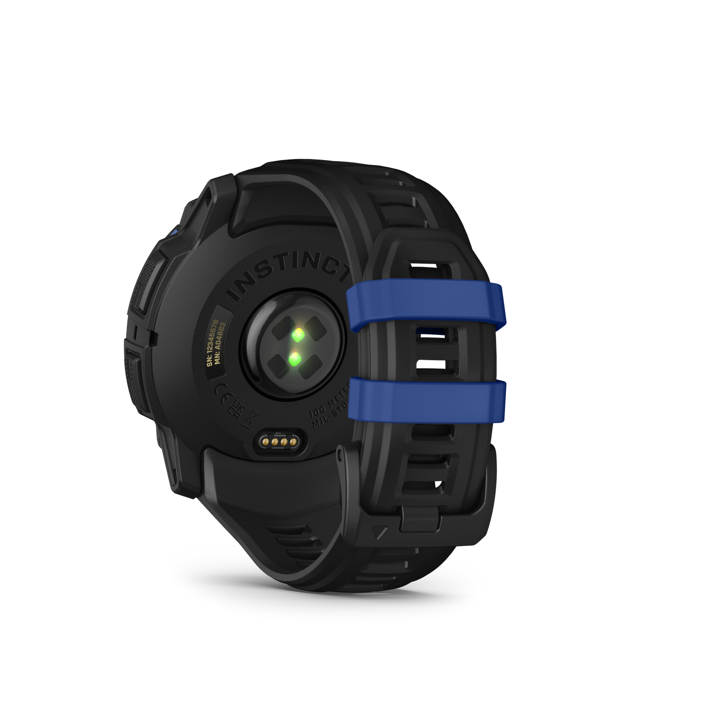 Garmin Instinct 3 AMOLED 50mm smartwatch with black case and Bolt Blue band.