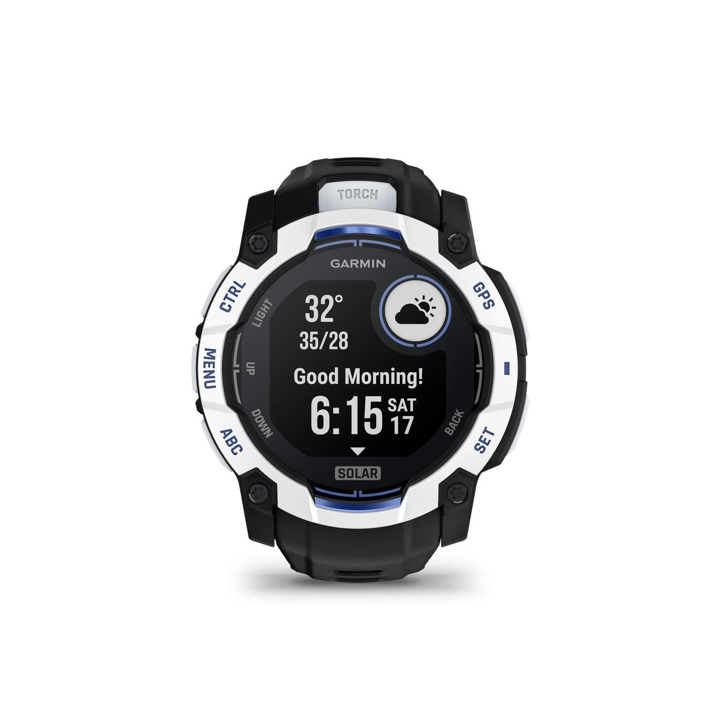Garmin Instinct 3 Solar smartwatch, 50mm Whitestone case with black and bolt blue band.