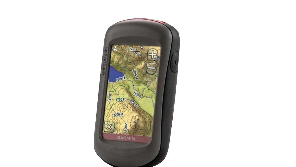Garmin Oregon 550t handheld GPS with touchscreen, red-accented black body displaying topo maps; refurbished