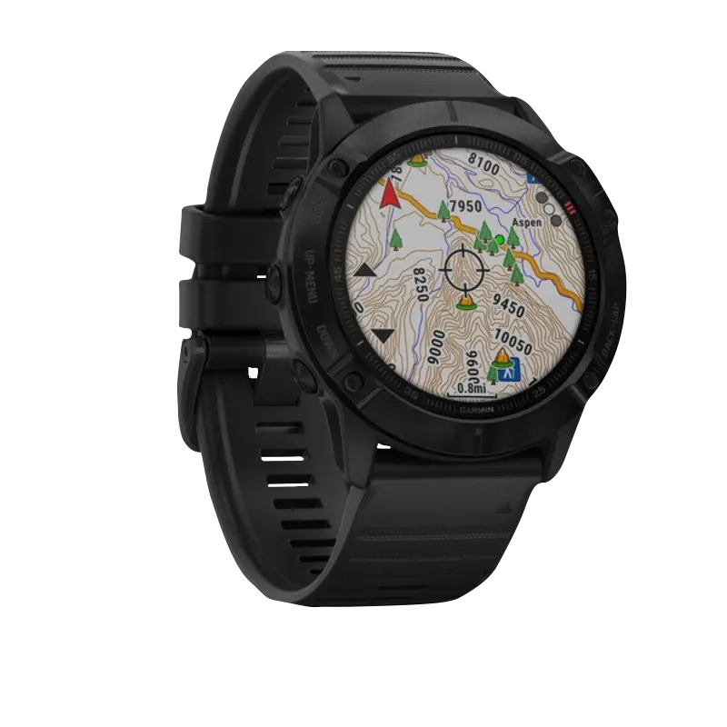 Garmin Fenix 6X Pro smartwatch, black with black band, rugged GPS map display.
