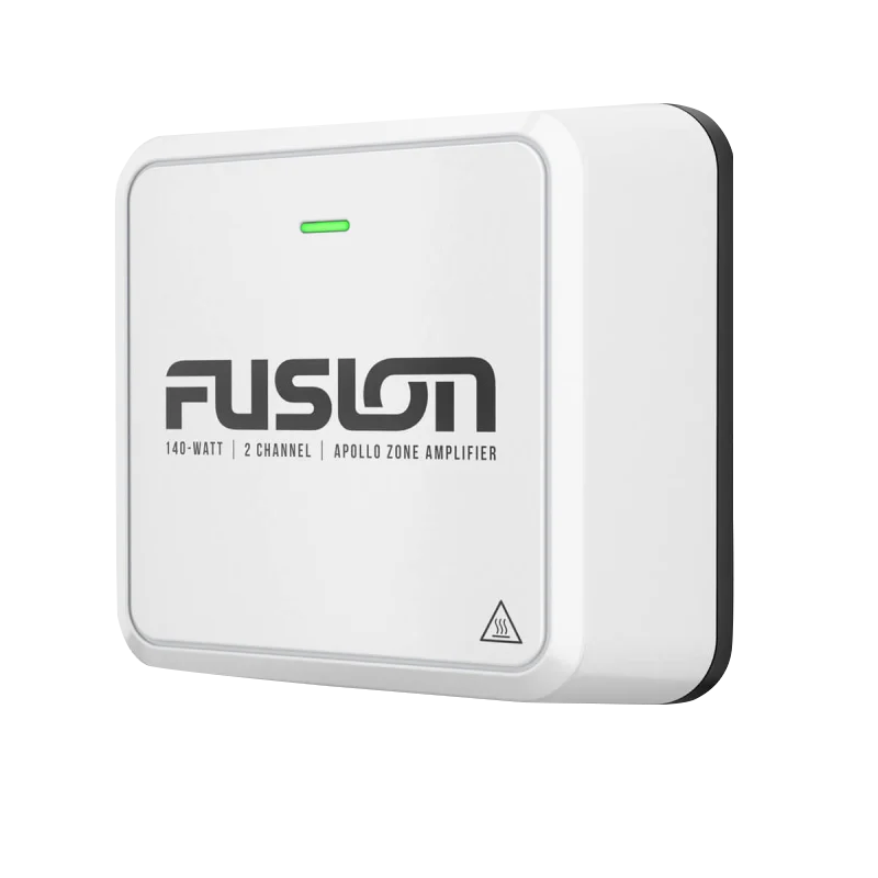 Garmin Fusion Apollo Zone Marine Amplifier, white two-channel marine audio amplifier with green LED