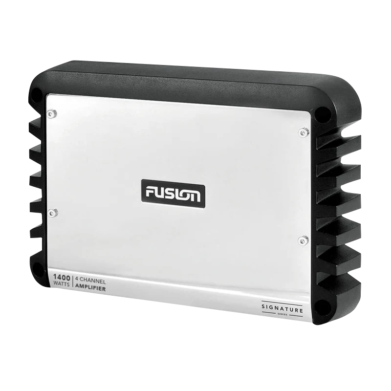 Garmin Fusion Signature Series 1400W 4-channel marine amplifier with silver front panel and black heatsink