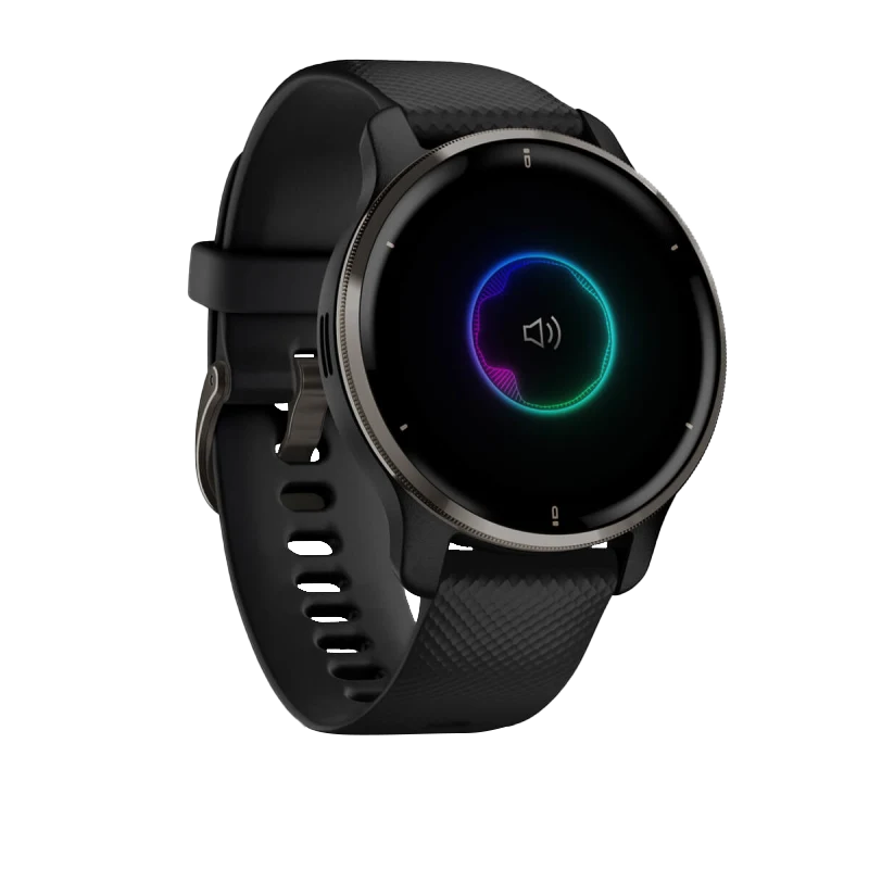 Garmin Venu 2 Plus smartwatch with slate stainless-steel bezel and black band, certified refurbished