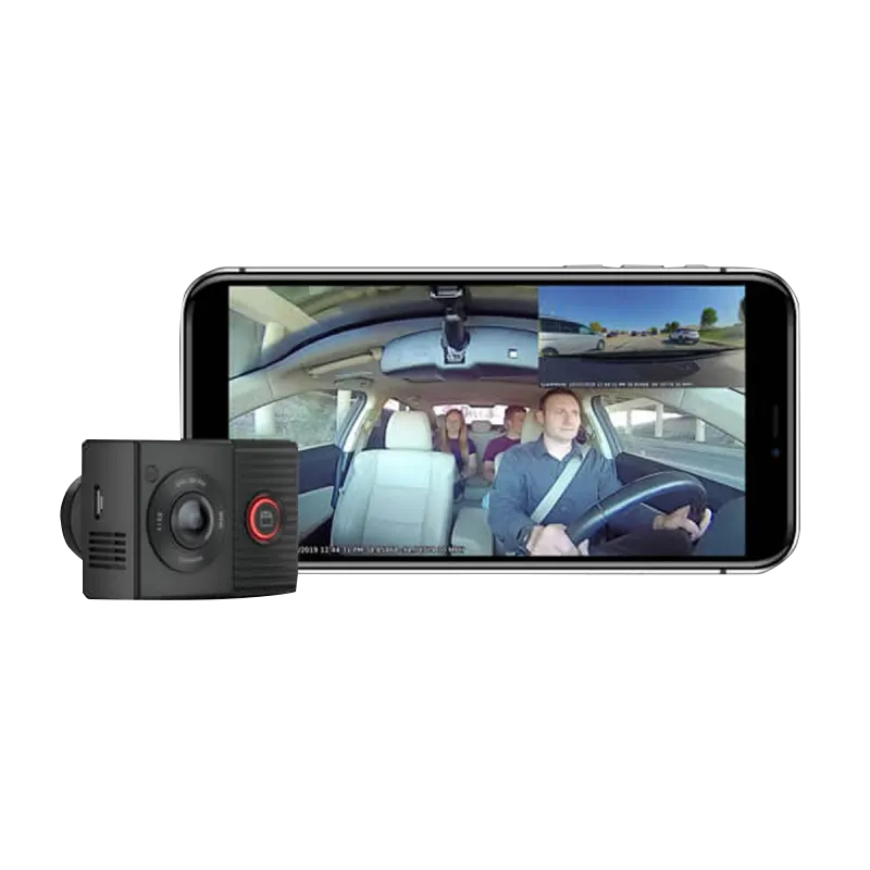 Garmin Dash Cam Tandem dual-lens with two 180-degree lenses, black, shown with smartphone display (refurbished)