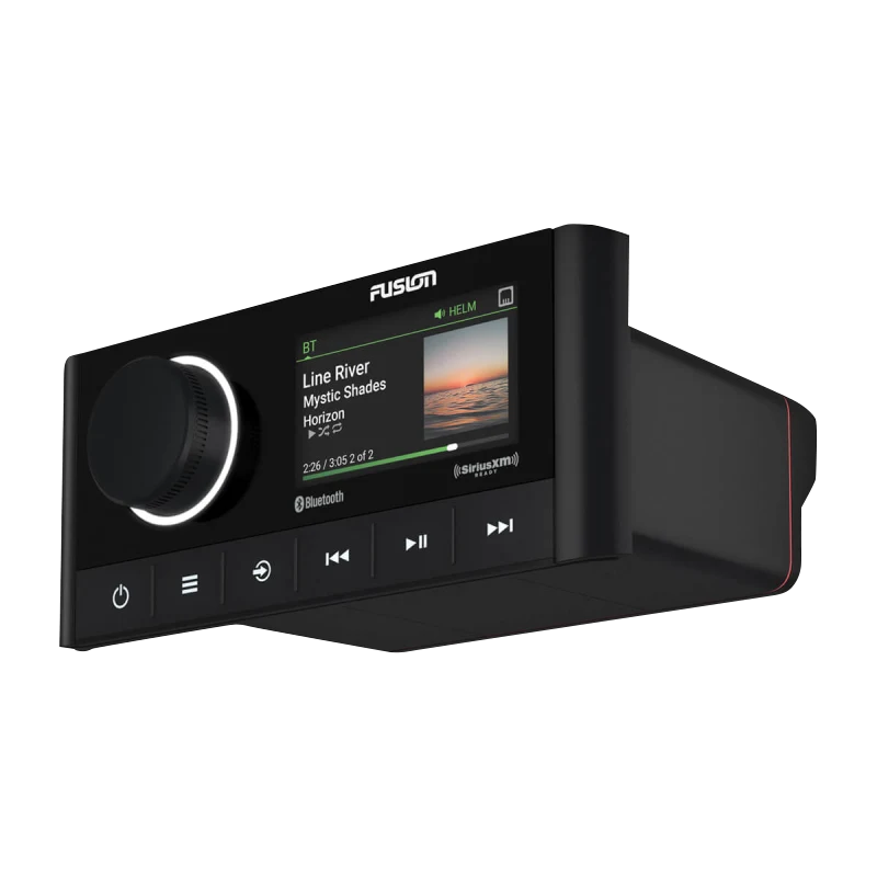Garmin Fusion Apollo MS-RA670 marine stereo with DSP, black unit featuring a large rotary knob and touchscreen display.