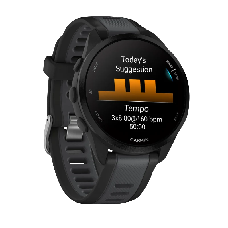 Garmin Forerunner 165 Music smart watch in black and slate gray.