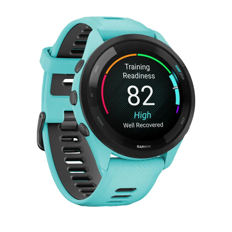 Garmin Forerunner 265 smartwatch, black bezel and aqua/black silicone band