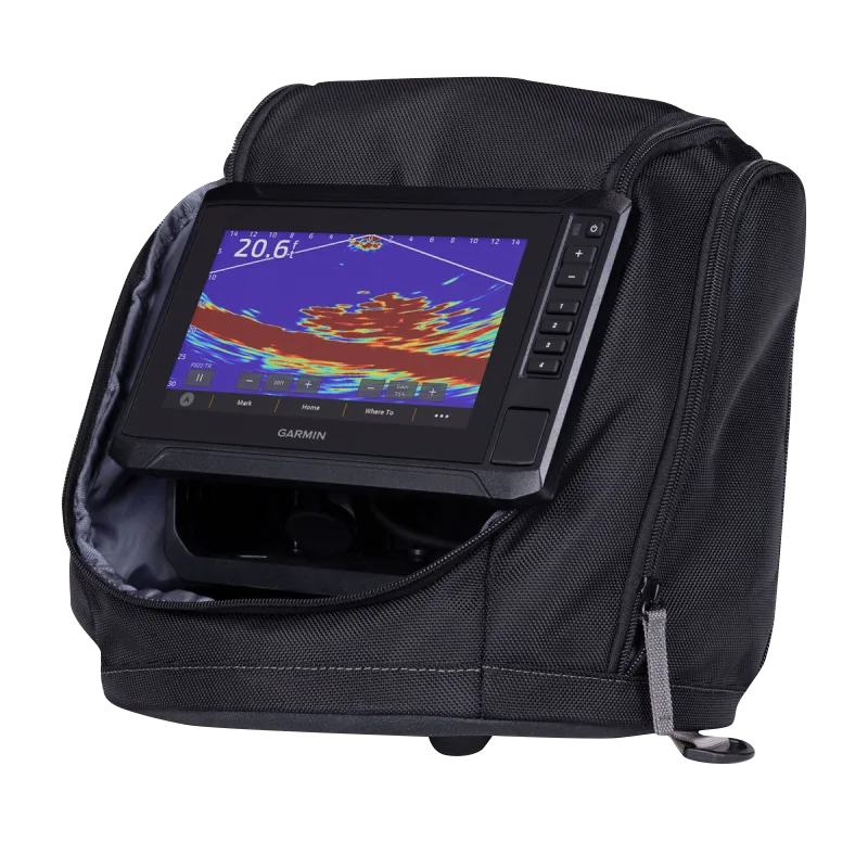 Garmin EchoMap UHD2 75sv Panoptix PS22-IF ice fishing bundle in a black carry case