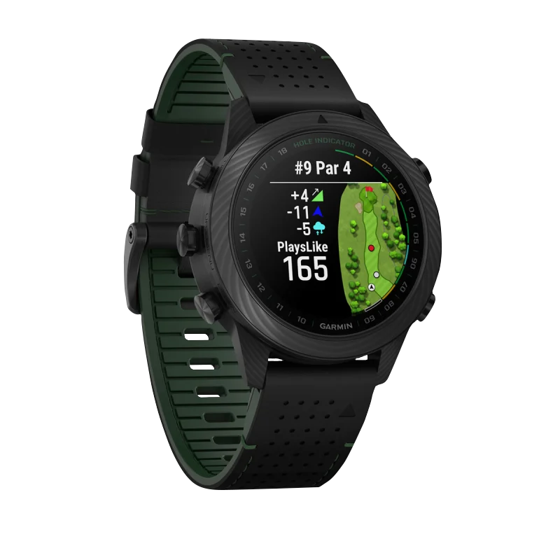 Garmin MARQ Golfer Gen 2 Carbon Edition smartwatch with black case and perforated green strap, displaying golf data.