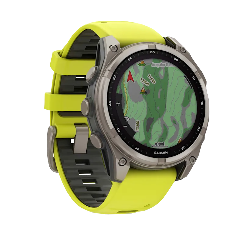 Garmin Fenix 8 smartwatch, 51mm Solar Sapphire titanium with Amp Yellow/Graphite silicone band and map display