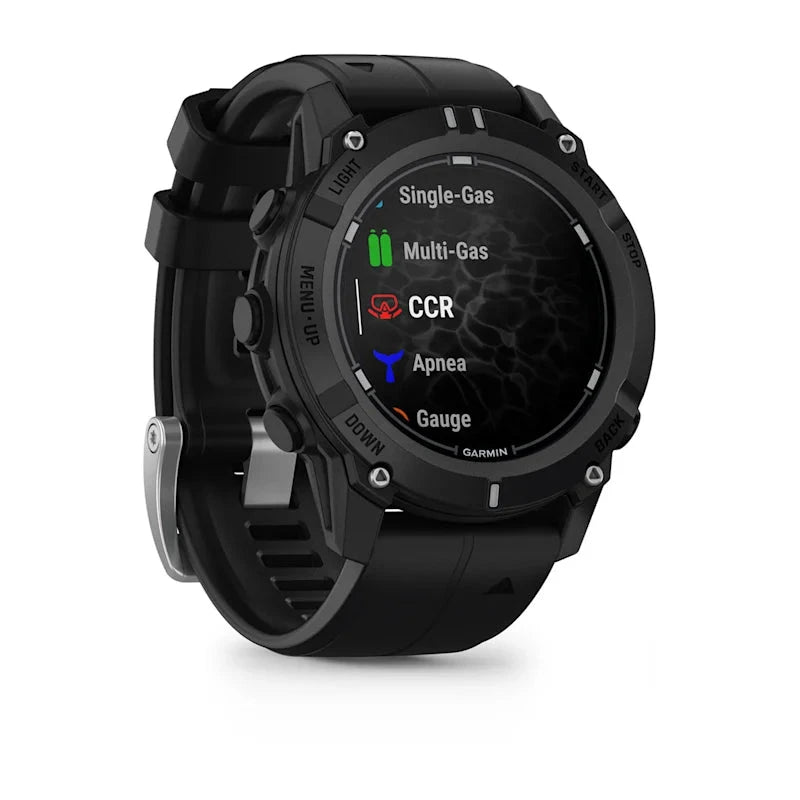 Garmin Descent G2 Dive Smartwatch with black band, round dive computer