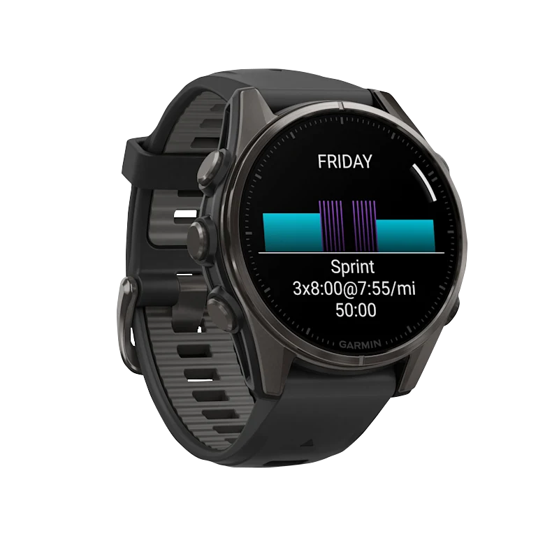 Garmin Fenix 8 AMOLED 43mm smartwatch with Sapphire DLC titanium case and black/pebble gray silicone band