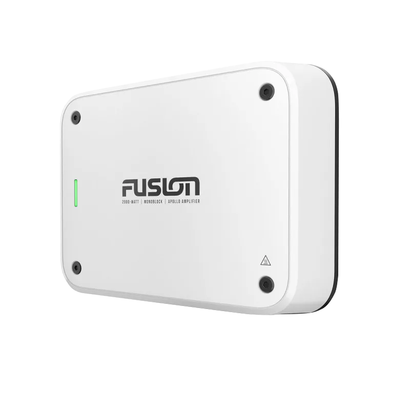 Fusion Apollo Marine 4-channel amplifier, white enclosure with green LED indicator