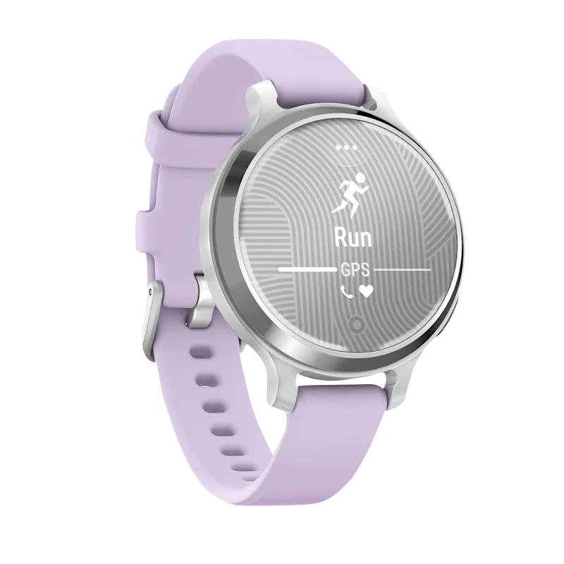 Garmin Lily 2 Active smartwatch, silver case with purple jasmine silicone band, certified refurbished