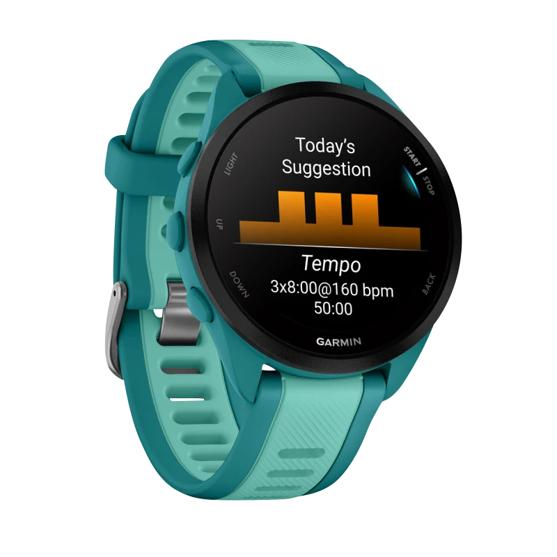 Garmin Forerunner 165 Music smartwatch in turquoise/aqua with black bezel.