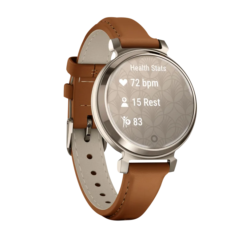 Garmin Lily 2 Classic smartwatch, cream gold case with tan leather band, Garmin Certified Refurbished