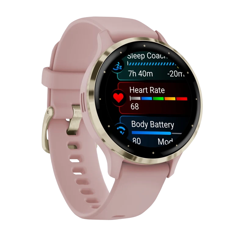 Garmin Venu 3S smartwatch, 41 mm soft gold bezel with dust rose silicone band