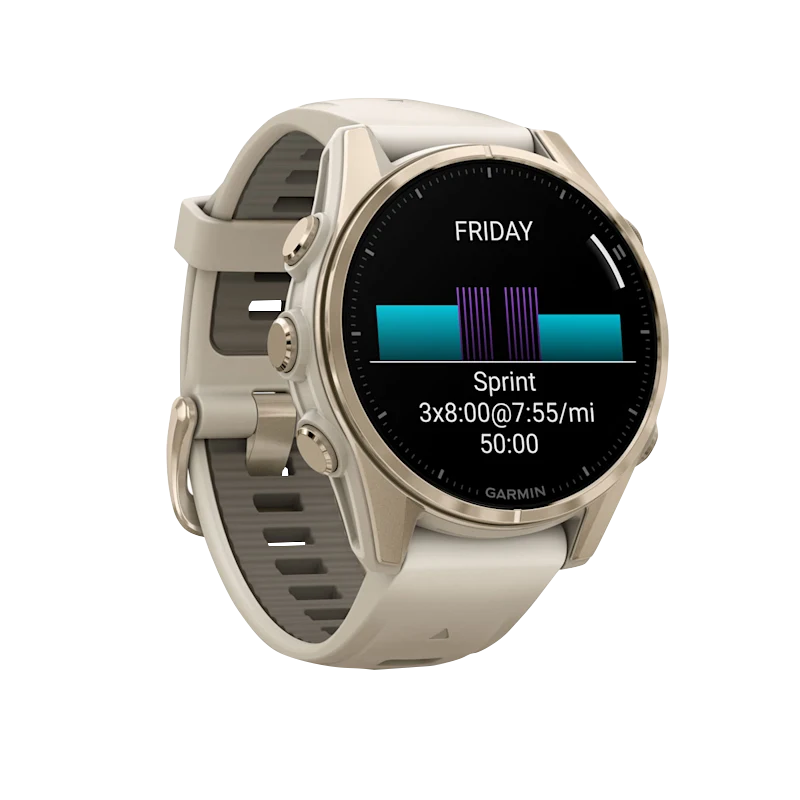 Garmin Fenix 8 smartwatch, 43 mm AMOLED Sapphire, Soft Gold with Fog Gray/Dark Sandstone silicone band