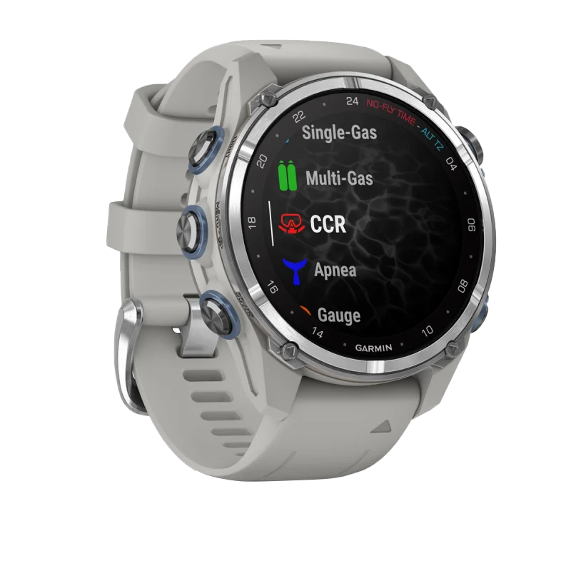 Garmin Descent Mk3 dive watch, 43 mm stainless steel case with fog gray silicone band.
