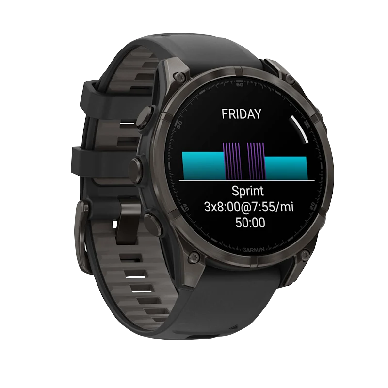 Garmin Fenix 8 smartwatch, 47 mm Carbon Gray DLC Titanium case with Black/Pebble Gray silicone band.