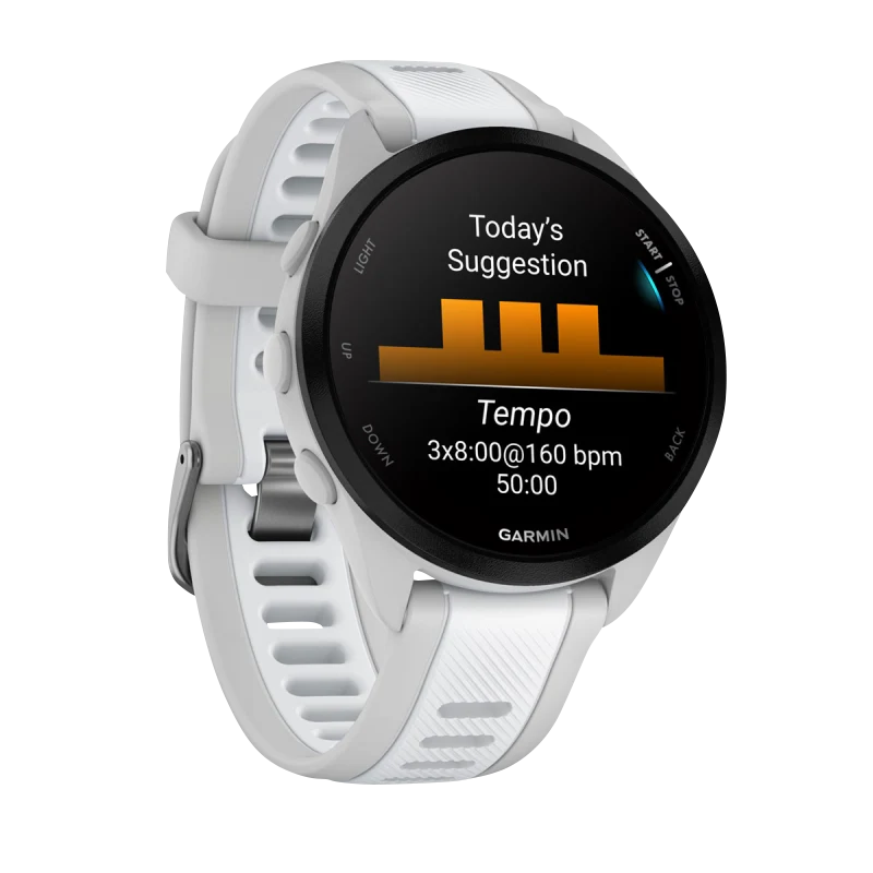 Garmin Forerunner 165 Music smartwatch in Mist Gray/Whitestone with white strap