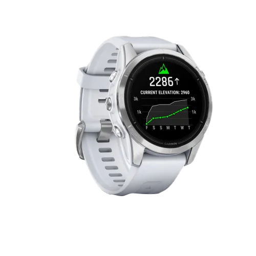 Garmin Epix Pro (Gen 2) 42mm smart watch with silver case and Whitestone band
