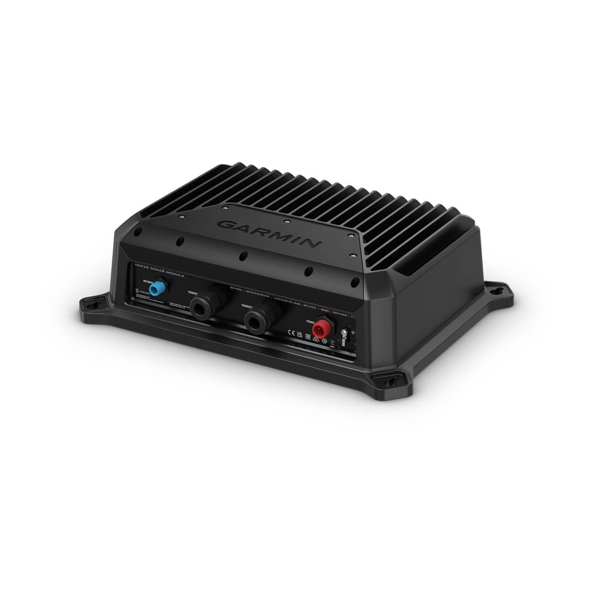 Garmin GSD 28 sonar module; marine fish finder accessory, black heatsink design.