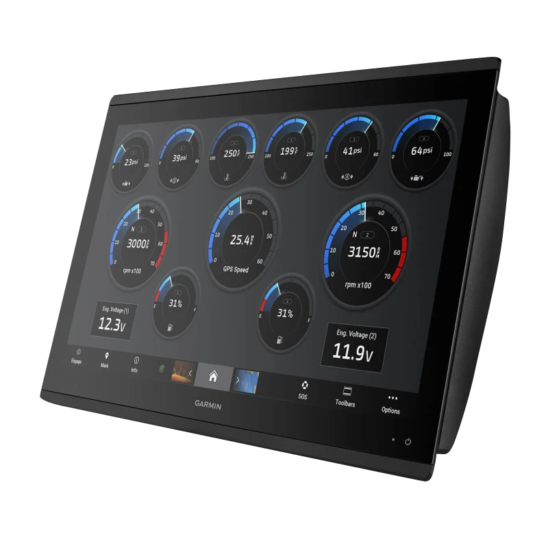 Garmin GPSMAP 8622 marine chartplotter with black bezel and multi-gauge touchscreen display