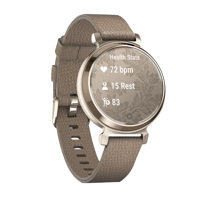 Garmin Lily 2 Classic smartwatch with cream gold case and coffee nylon band, Garmin Certified Refurbished