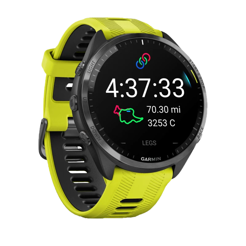 Garmin Forerunner 965 smartwatch with carbon-gray DLC titanium bezel, black case, and neon yellow/black silicone band