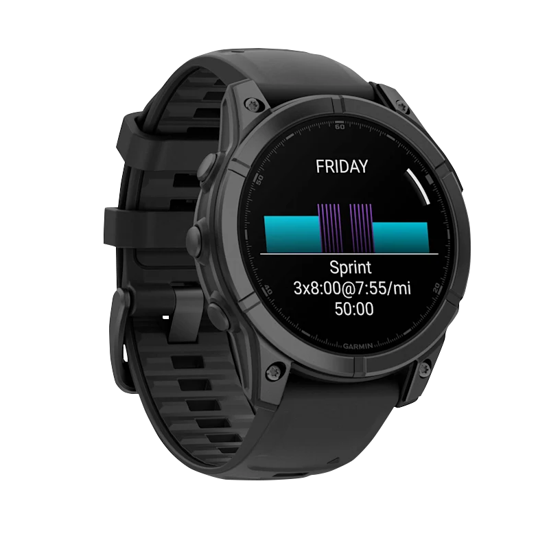 Garmin Fenix E 47mm AMOLED smartwatch with slate-gray steel case and black silicone band