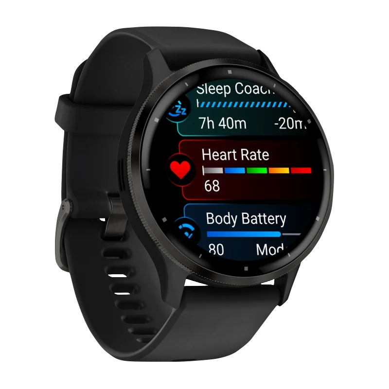 Garmin Venu 3 smartwatch, 45 mm slate stainless steel bezel, black case with silicone band