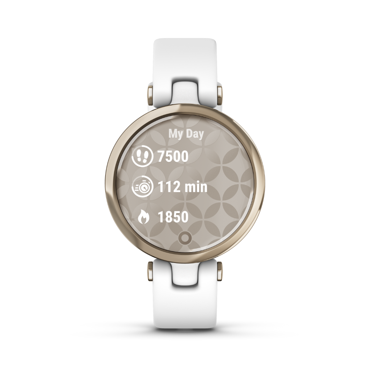 Garmin Lily Sport Edition smartwatch with cream-gold bezel, white case and silicone band (010-02384-00).