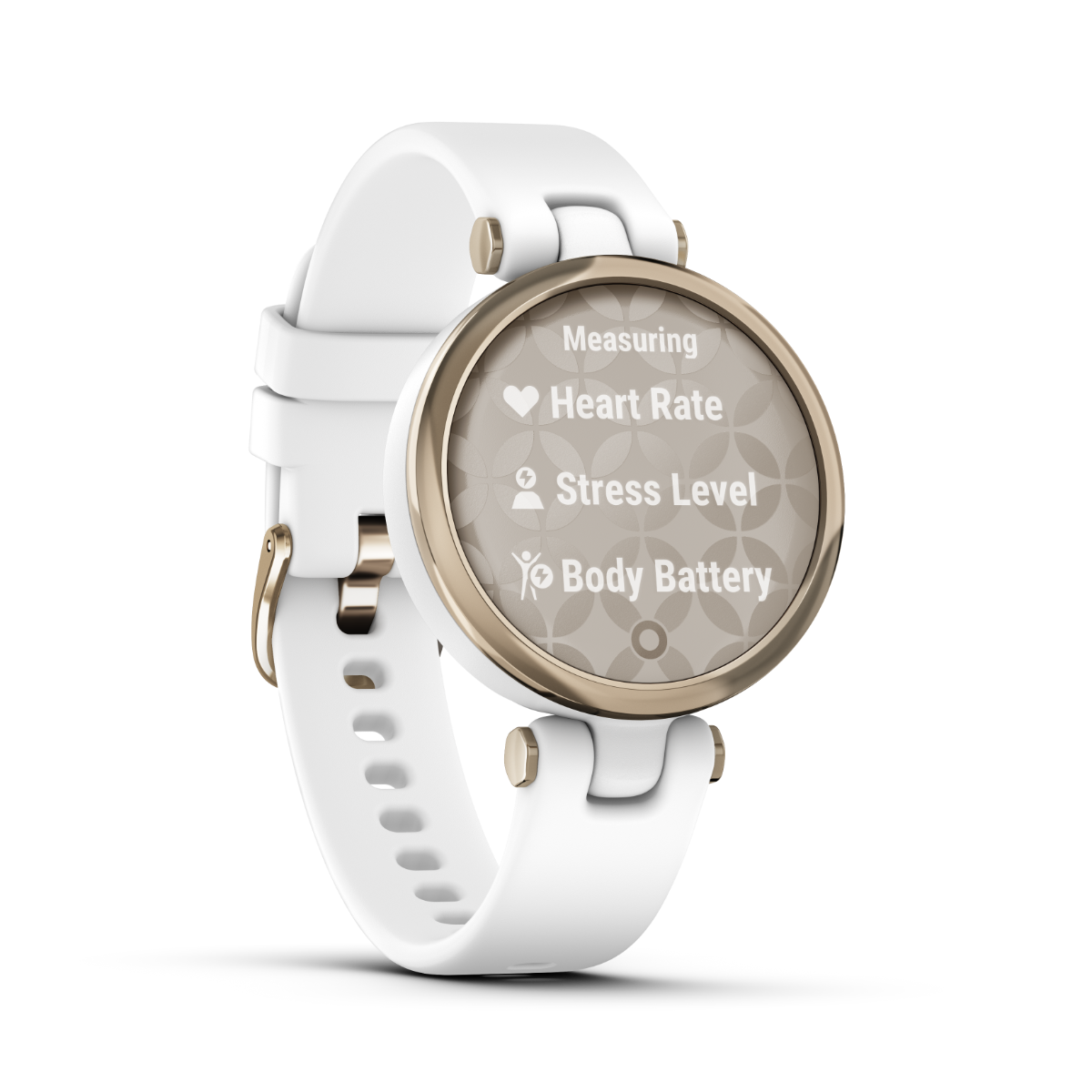 Garmin Lily Sport Edition smart watch with cream gold bezel and white silicone band