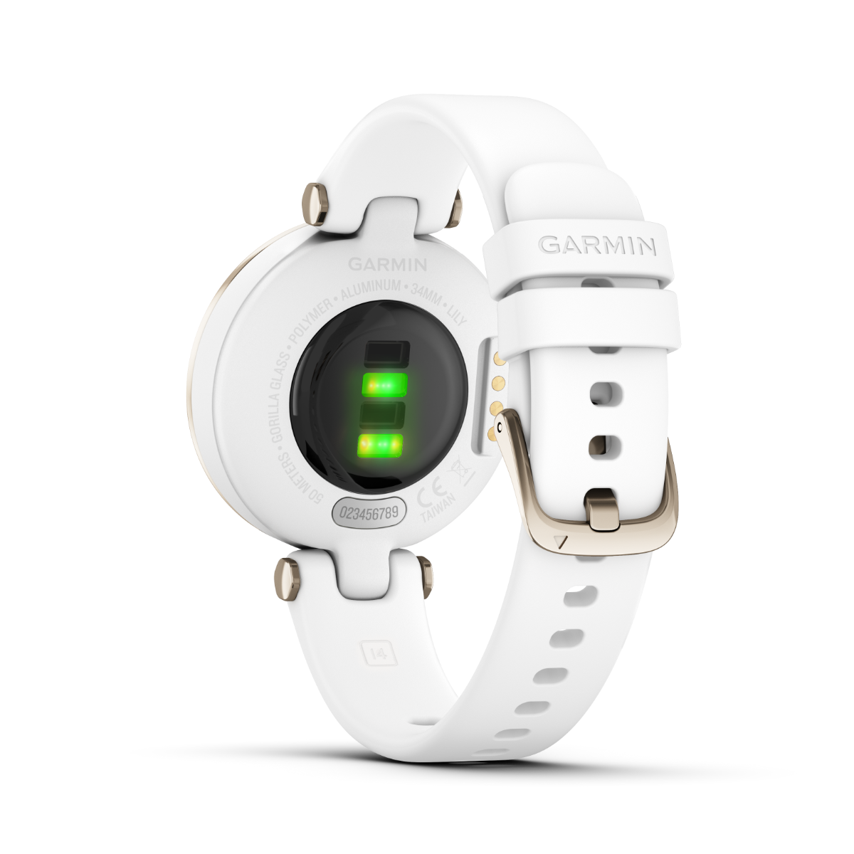 Garmin Lily Sport Edition watch with white silicone band and cream-gold bezel