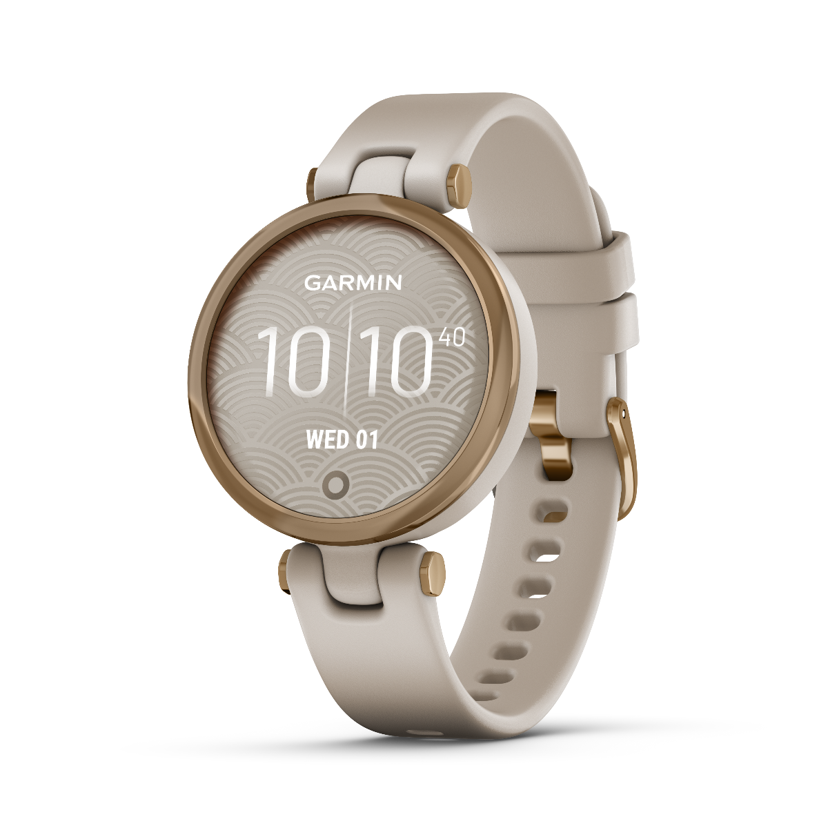 Garmin Lily Sport Edition smartwatch with cream-gold bezel and white case