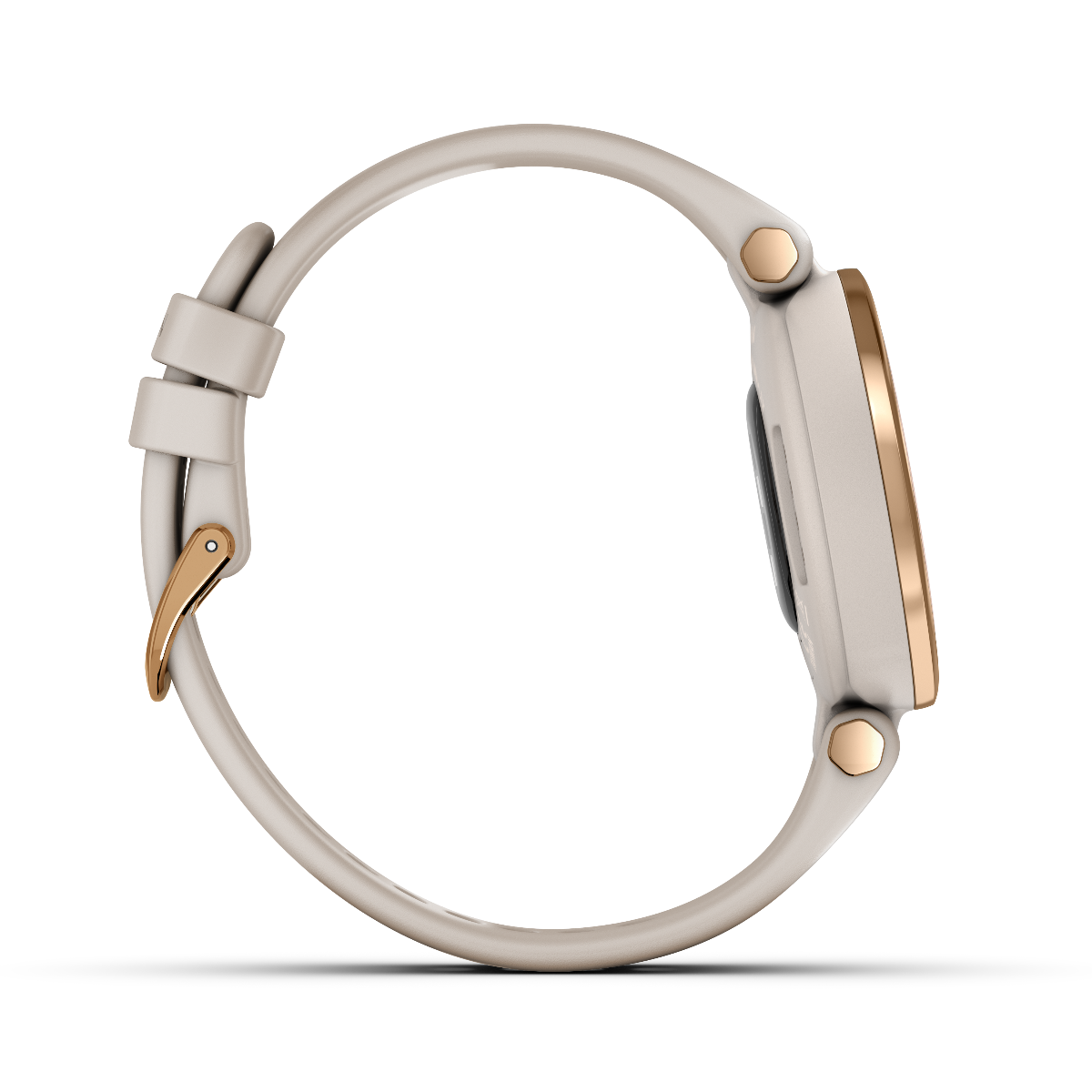 Garmin Lily Sport Edition smartwatch with cream gold bezel, white case, and silicone band