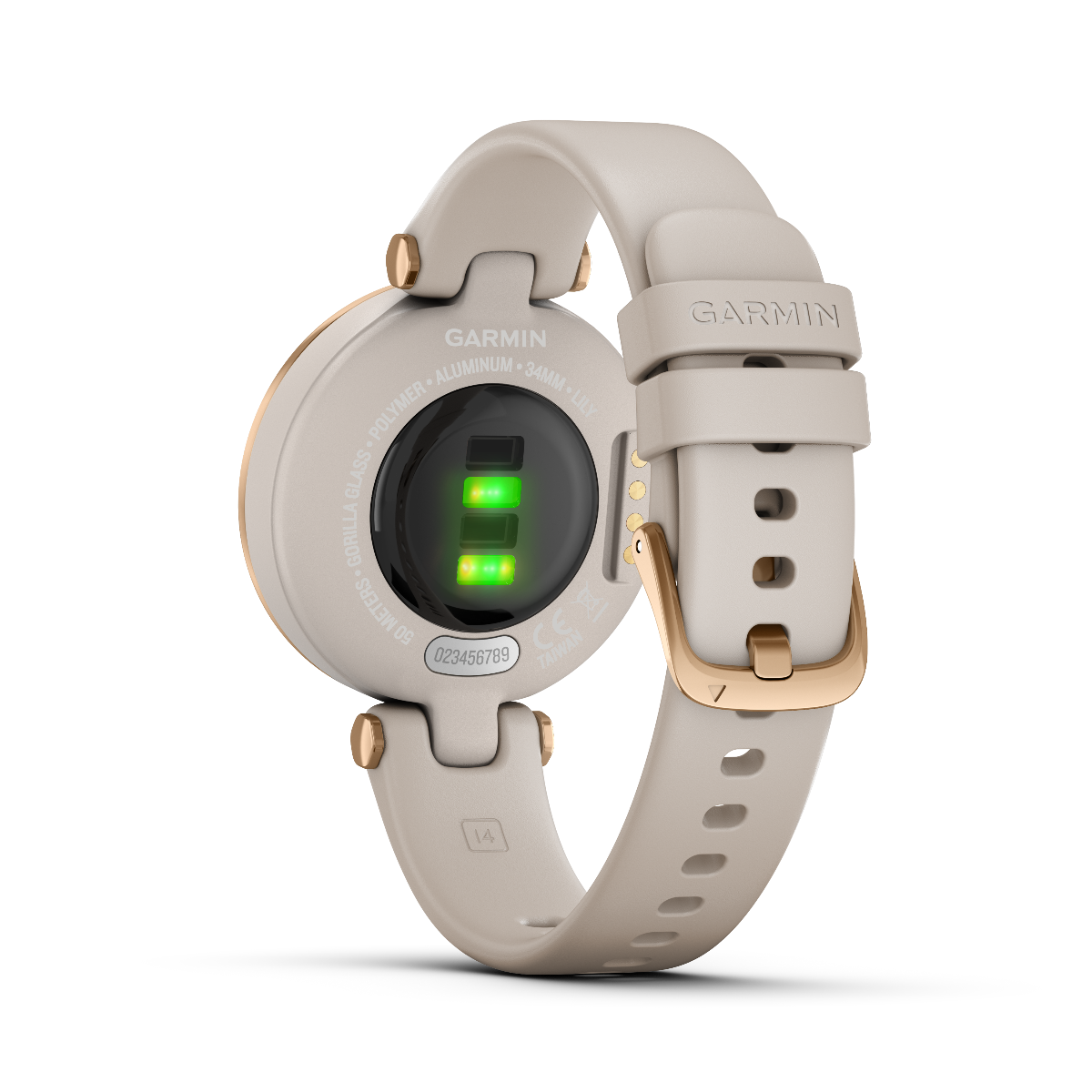Garmin Lily Sport Edition smartwatch with cream gold bezel and white silicone band (010-02384-01)