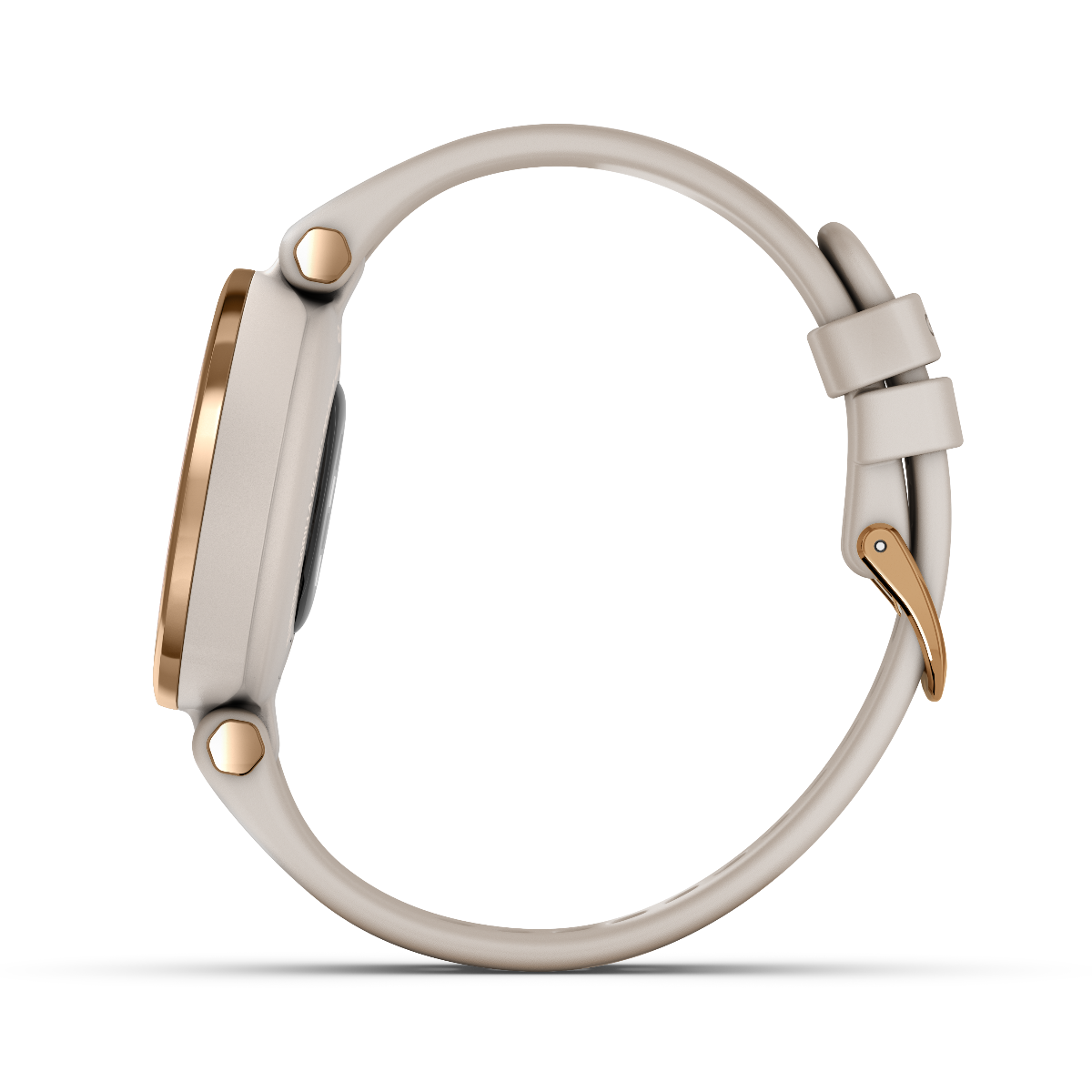 Garmin Lily Sport Edition smartwatch with cream gold bezel, white case and silicone band