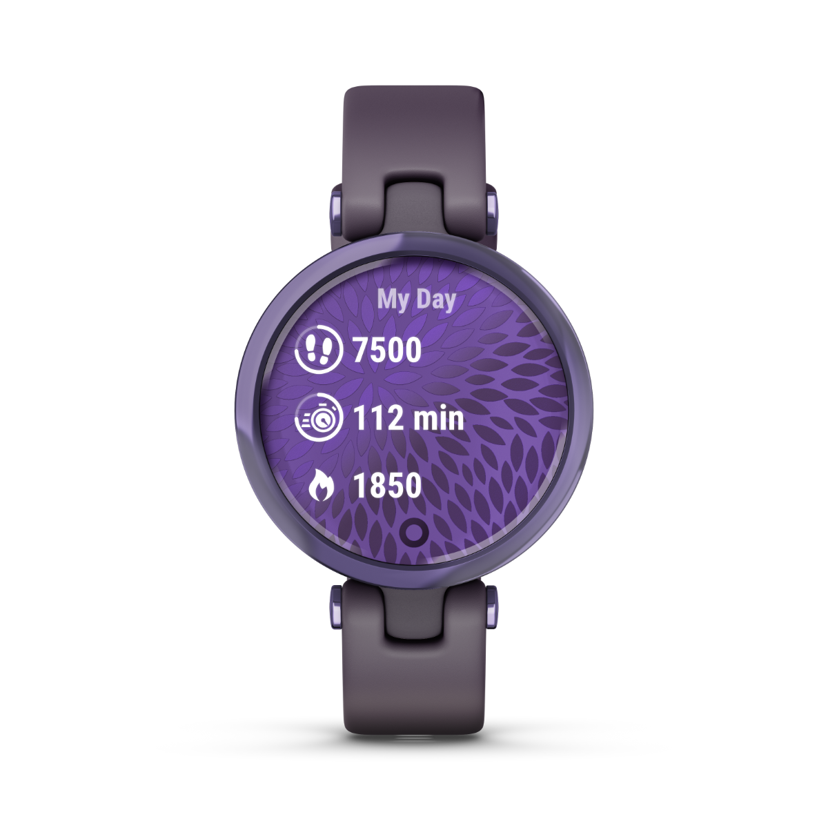 Garmin Lily Sport Edition smartwatch with midnight orchid bezel, deep orchid case, and silicone band